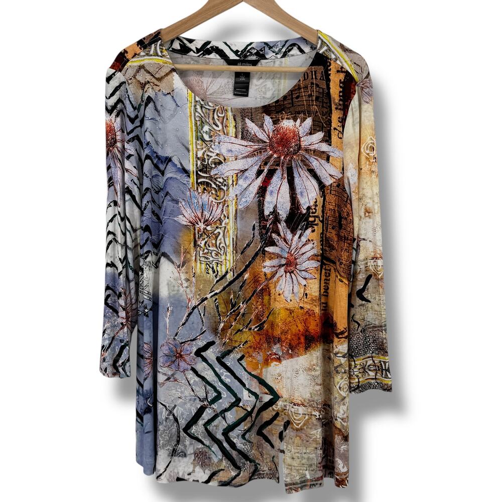 Ali Miles Gel Dot Floral Tunic Top Shirt Size Large Floral Sunflower Artsy